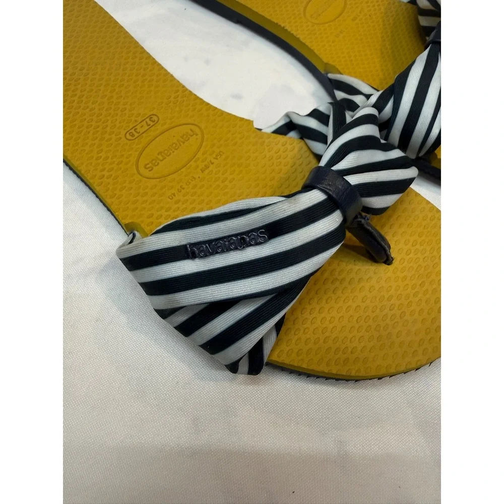HAVAIANAS Womens 37-38 Yellow Black White Stripe Bow Flip Flop Thong Sandal